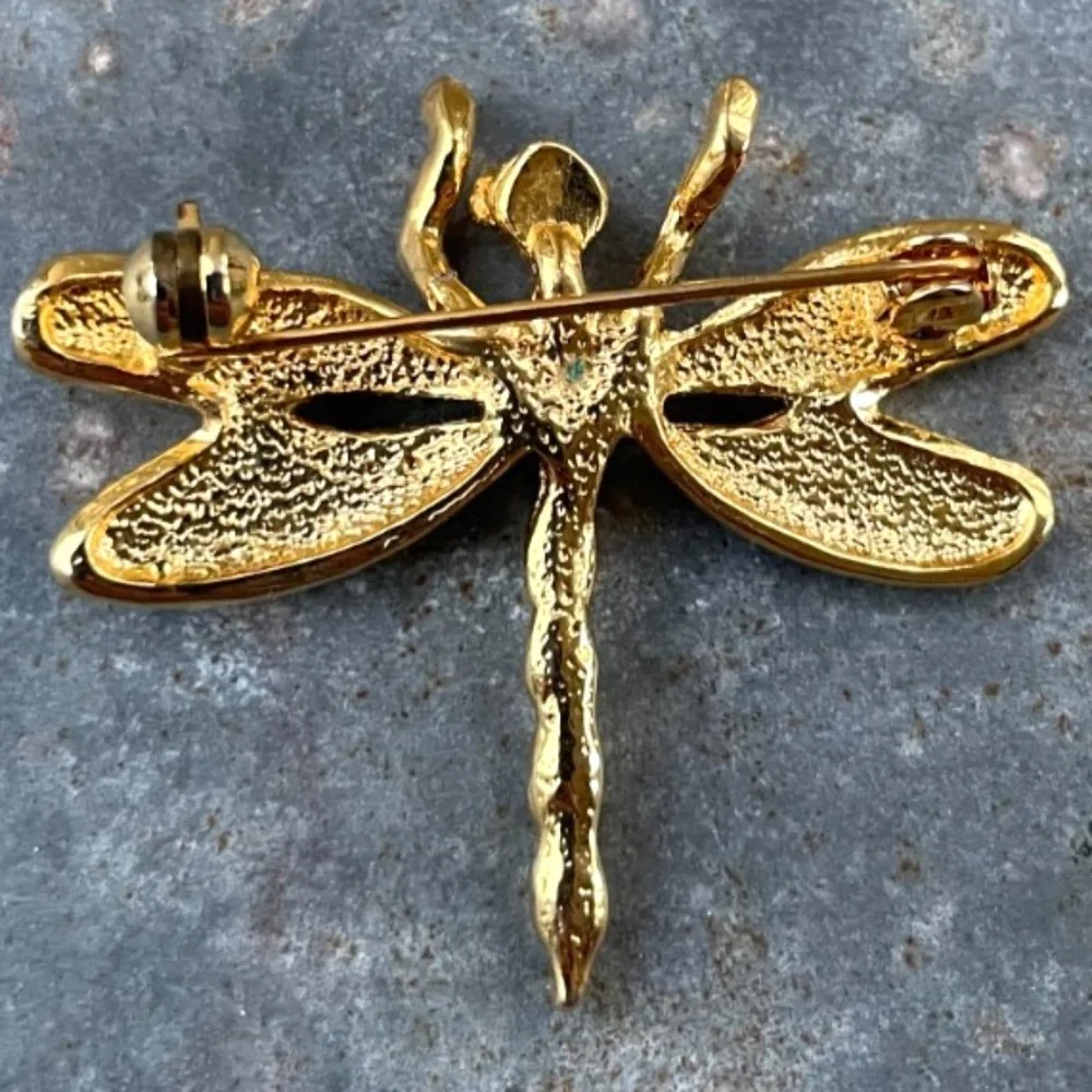 Vintage gold tone Dragonfly Brooch w/ purple-gray and pink wings - Picture 2 of 2